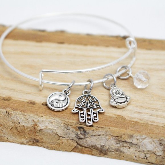 Yin Yang, Hamsa & Buddha - Handcrafted Adjustable Charm Bangle - Picture 3 of 4